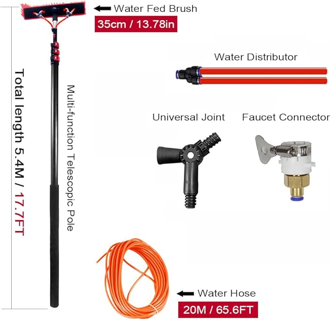 Telescopic Aluminum Water Fed Pole KitSolar Panel Cleaning Brush with 20M Water HoseOutdoor Roof Window Glass Cleaner Set with 180° Rotatable Brush Head for House S(Size:5.4M/17.7FTColor:35cmBrush)