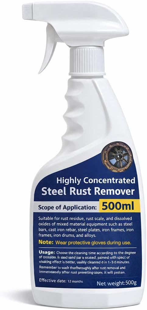Highly Concentrated Steel Rust Remover Instant Rust Cleaning Spray Powerful Rust Stain Remover for Tools Automotive Parts Stainless Steel Fast Acting Rust Cleaner 500ml (500 ML)