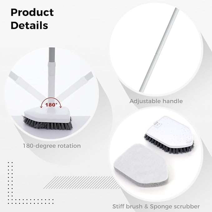 Bathroom Tile Cleaner 2-in-1 Scrubber with Extendable Handle and 180° Rotating Brush Tub and Tile Cleaning Tool