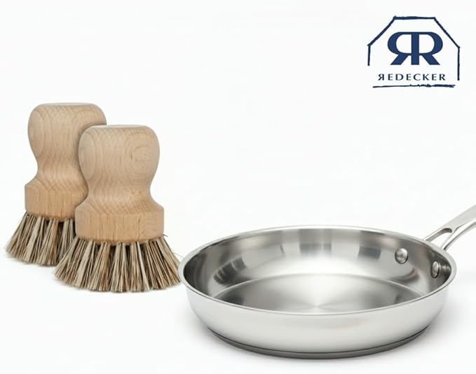 REDECKER Natural Fiber Bristle Pot Brush - Untreated Beechwood Handle - Heat-Resistant Union Fiber Head for Cleaning Pots Pans and More - 2-1/2 inch Diameter - Set of 2 - Boar Bristle Dish Brush