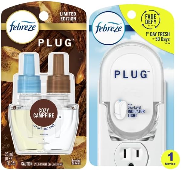 F.e.b.r.e.z.e Odor-Fighting Fade Defy Plug Air Freshener (1 Refill) of 0.87 Fl Oz + Starter Kit (Cozy Campfire)