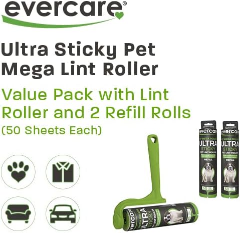 Evercare Ultra Sticky Pet Mega Lint Roller Value Pack Manual Clothes &amp Furniture Cleaner with Handle and 2 Refills 50 Sheets Each