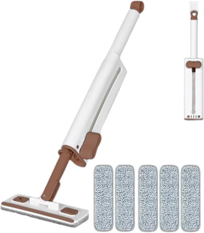 Hands-Free Mini Mop for Home CleaningWet/Dry Use Effortless Cleaning  for Kitchen/Living Room/Sofa/Bathroom/Vehicle Windows/Glass/Tight Corners  5 Microfiber Pads + 1 Squeeze Handle (Coffee)