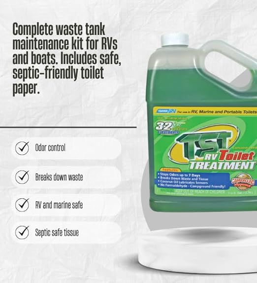 Camco TST Tank Treatment 1 pk Bundle with Toilet Tissue – Breaks Down Waste Controls Odor for Up to 7 Days and Treats Up to 40-Gallon RV or Marine Tanks – Gift Set (3 Items).