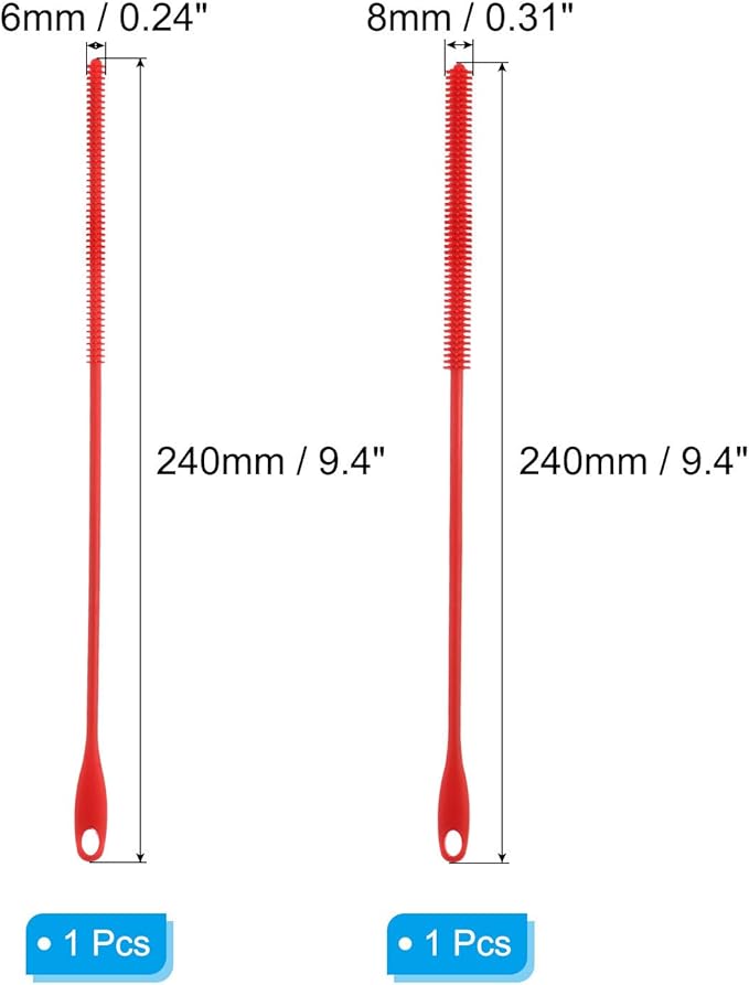 2 Pcs Silicone Straw Brush 9.4 Inch Bottle Straw Brushes Red (6mm+8mm)