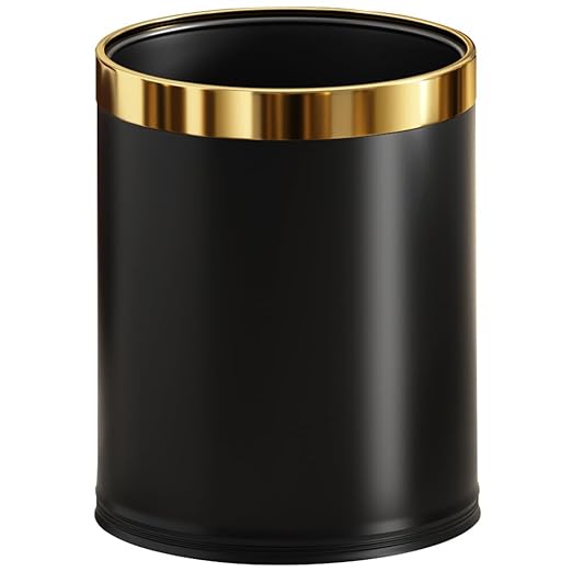 10L/2.6GAL Black and Gold Open Top Trash Can - Metal Trash Bin Without Lid for Office Hotel Store Restaurant