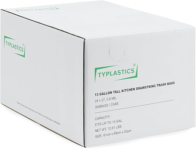 TYPLASTICS FleTex Tall Kitchen 13 Gallon Drawstring Trash Bags 300 Bags 24in x 27in Unscented White Wholesale Pack (Heavy duty 300 Count)