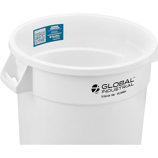 Global Industrial Commercial Round Trash Can 20 Gallon Capacity Plastic Garbage Can Indoor and Outdoor Utility Trash Can White 19 W x 22-1/2H No Lid