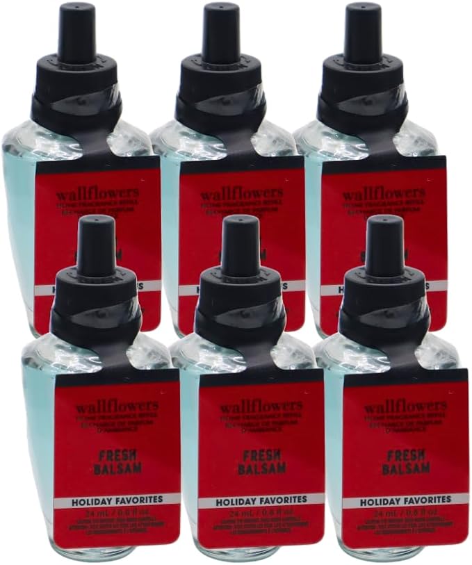 Bath &amp Body Works FRESH BALSAM Wallflowers Home Fragrance Refill Gift Set with 30-Inch Forest Green Ribbon and Metallic Gold Stripes &amp Sheer Accents for Holidays 0.8 fl oz each - Pack of 6