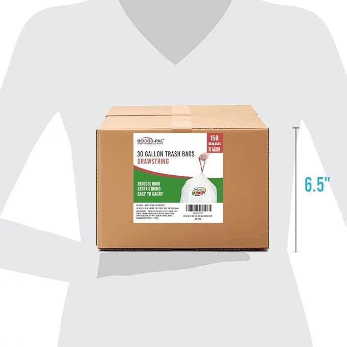 30 Gallon Trash Bags Drawstring 150 Count White | Unscented | Heavy Duty Multi-purpose Garbage Bags Can Liners for Business Home Kitchen Commercial and Industrial