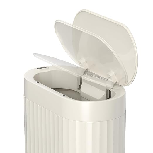 MRBIN Small Trash Can for Bathroom Automatic Touch Less Garbage Bin with Lid 2 Gallon Plastic Slim Waste Basket for Office and Kitchen Electric Motion Sensor Bedroom Bin Cream White