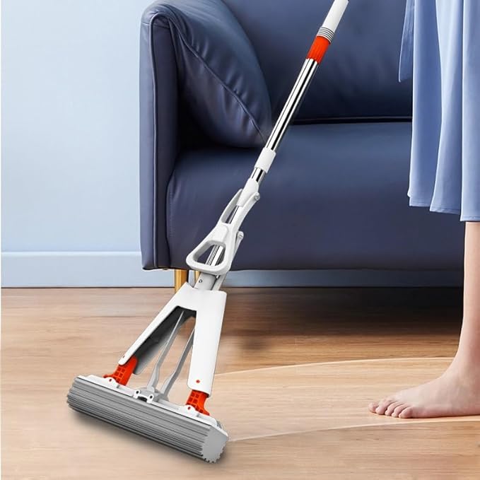 Sponge Mop Absorbs Water and Squeezes By Folding The Glue Cotton in Half