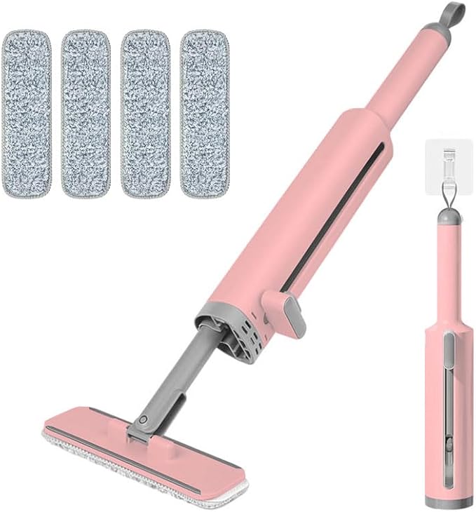 Portable Mini Self-Squeezing Flat Mop with Rotatable Head Reusable Microfiber Pads for Floor Window Sill Kitchen Bathroom &amp Tile Cleaning (Pink + 4 Cloths)