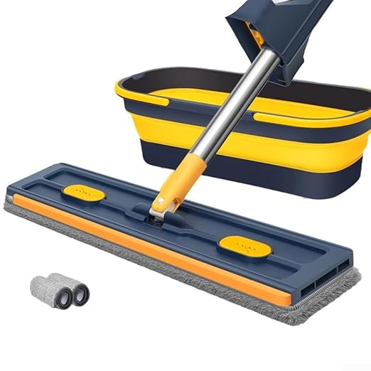 Adjustable 360° Rotating Large Flat Mop Effortless Cleaning on Tile Hardwood and Windows - Ergonomic Design All Surfaces(Blue Folding Bucket)