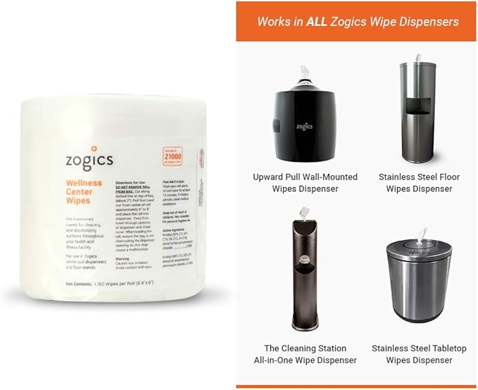 Zogics Wellness Center Cleaning Wipes – Gym Equipment Wipes for Cleaning Surfaces and Equipment Durable and Safe Pre-Saturated (4600 Count 4 Rolls of 1150)