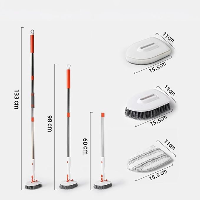 Bathroom Floor Scrubber Brush Set with 3-Section Telescopic Handle Stiff Bristle Tile and Grout Scrub Brush Fiberglass Cloth with Base and Cleaning Sponge for Indoor Shower