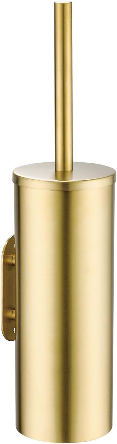 Gold Brushed Stainless Steel Toilet Brush and Cover No-Punch Hook Base Dual Purpose Toilet Brush Holder with Removable Inner Bucket and Splash Cover - Soft Bristles (Brushed Gold)