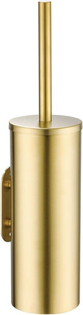 Gold Brushed Stainless Steel Toilet Brush and Cover No-Punch Hook Base Dual Purpose Toilet Brush Holder with Removable Inner Bucket and Splash Cover - Soft Bristles (Brushed Gold)