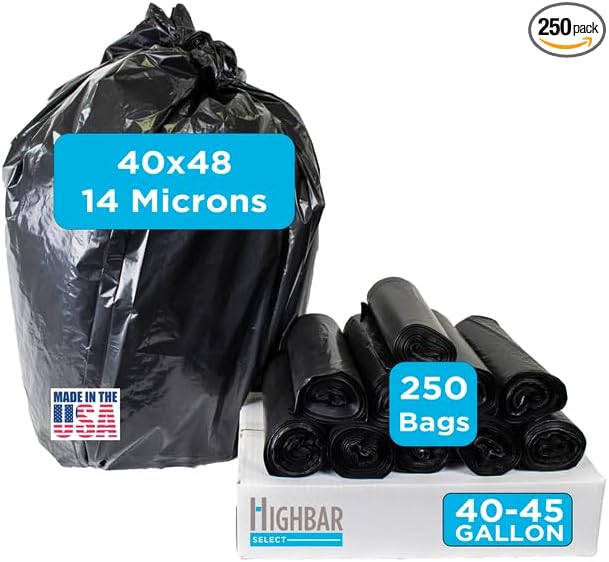 250 Count 40-45 Gallon Trash Bags Heavy Duty Black Bags Ideal for 39 40 42 45 Gallon
