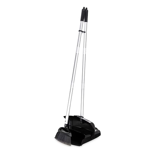 Carlisle FoodService Products Duo-Pan Upright Dust Pan and Broom Set with Adjustable Broom Head for Floor Cleaning Restaurants and Janitorial Use 36 x 11.8 x 41 Inches Black (Pack of 4)