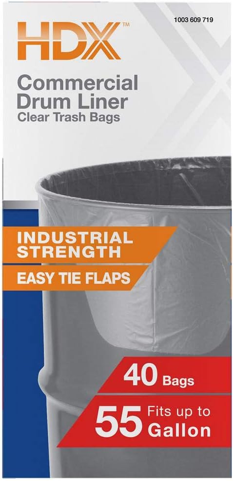 HDX 55 Gallon Clear Heavy-Duty Flap Tie Drum Liner Trash Bags (40-Count)