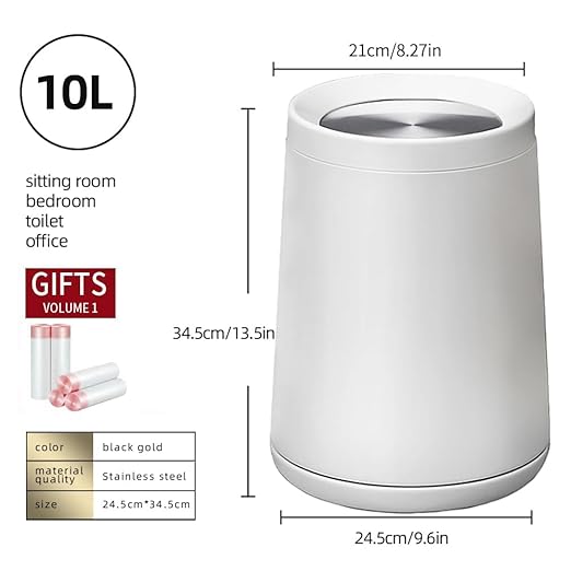 10 L/2.6GallenSwing Lid Trash CanMetal Garbage Can with Flipping Lidfor BathroomLiving RoomBedroomHotelOffice Laundry Room(White)