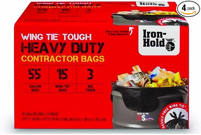 Iron-Hold 55 gal Contractor Bags Wing Ties 15 pk 3 mil