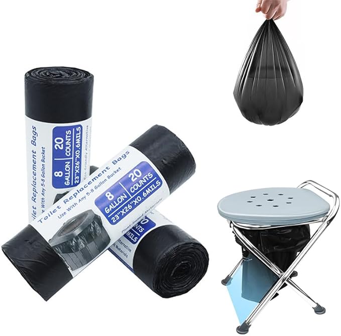 8 Gallon Portable Toilet Bags Thick Black Trash Bags for Camping Toilet Bedside Commode &amp Small Trash Can Heavy Duty Bucket Toilet Liners 3 Rolls 60 Count