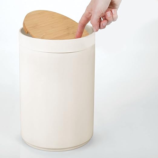 mDesign Plastic Round Trash Can Small Wastebasket - Garbage Bin Container with Swing-Close Lid - Bathroom Garbage Basket - Holds Waste Recycling - 1.3 Gallon - Basa Collection - Cream/Beige/Natural