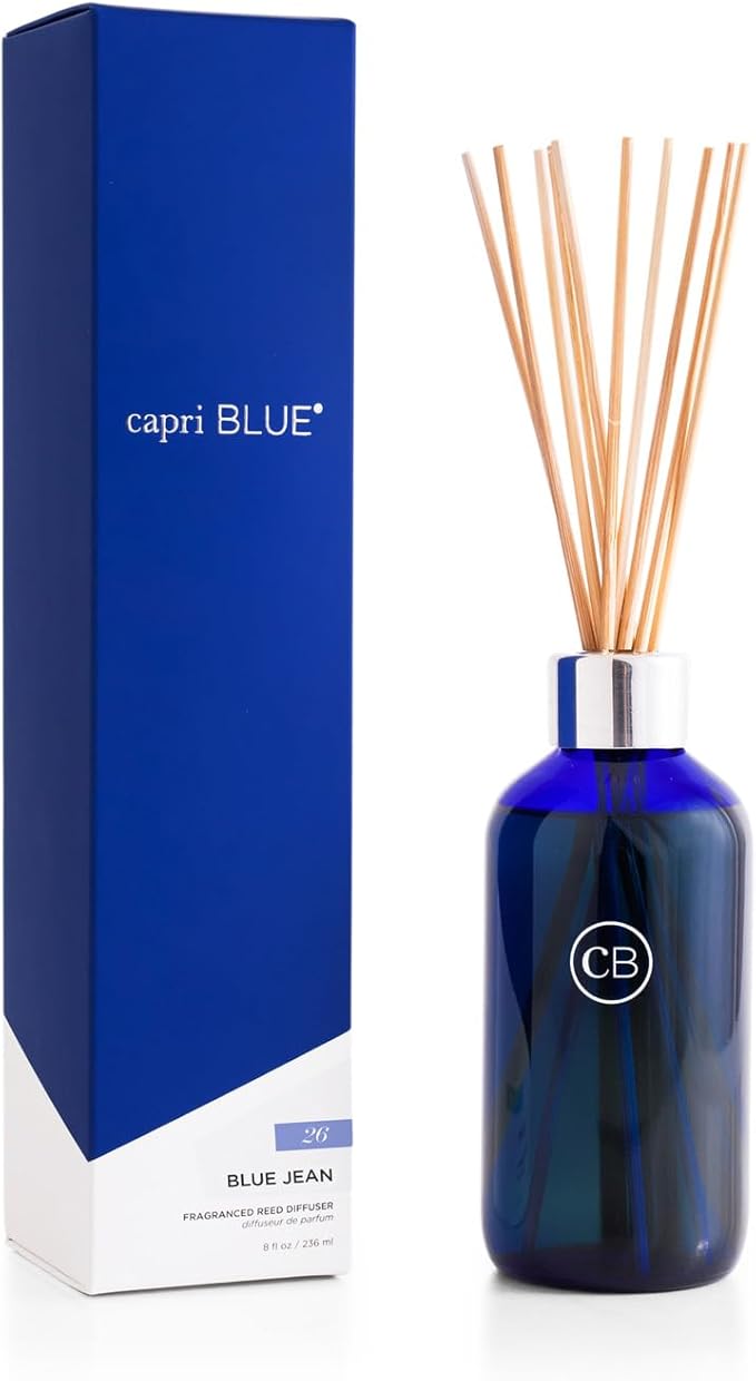 Capri Blue Blue Jean Reed Diffuser Set - Includes Reed Diffuser Sticks Fragrance Oil and Glass Bottle - Luxury Scented Room Fresheners - Cobalt Blue (8 fl oz)
