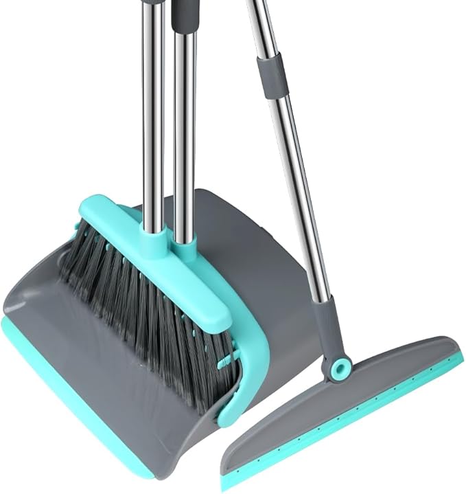 Upgrade Broom and Dustpan Set Silicone BroomLong Handle Broom with Upright Standing Dustpan Squeegee - Broom for Indoor Cleaning 2+1for Indoor OutdoorSmooth Floors Rugs (Green-Grey)