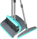 Upgrade Broom and Dustpan Set Silicone BroomLong Handle Broom with Upright Standing Dustpan Squeegee - Broom for Indoor Cleaning 2+1for Indoor OutdoorSmooth Floors Rugs (Green-Grey)