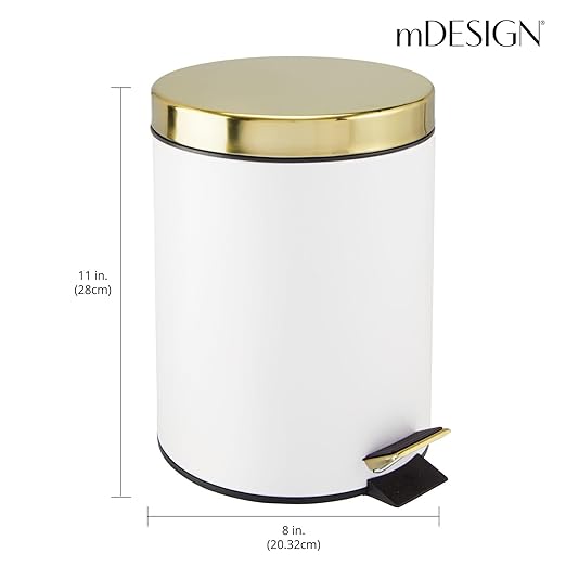 mDesign Pedal Bin — Metal Waste Bin with Pedal Lid and Plastic Bucket Insert — Perfect for Bathroom Kitchen and Office — Household Rubbish Bin with Ergonomic Design — White/Gold