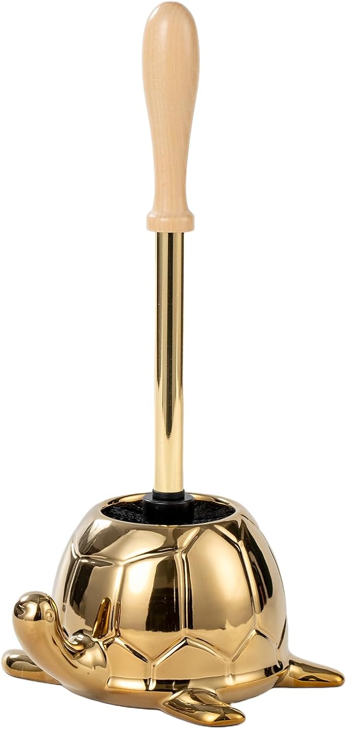 Turtle Base Toilet Brush Set - Gold Ceramic Toilet Scrubber Brush 7.5” Bowl Cleaner with Ergonomic Handle Mini Cute Bathroom Cleaning Brush - Bathroom Decor