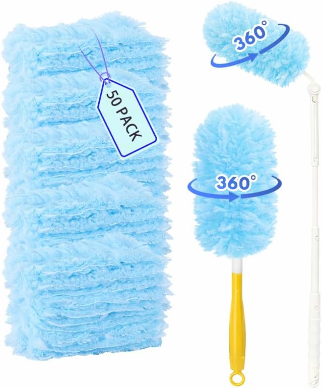50 Count Duster Refills 360° Heavy Duty Duster Refills Compatible with Swiffer Duster Multisurface Heavy Duty Duster Replacements with 1 Short Handle and 1 Extenda Handle