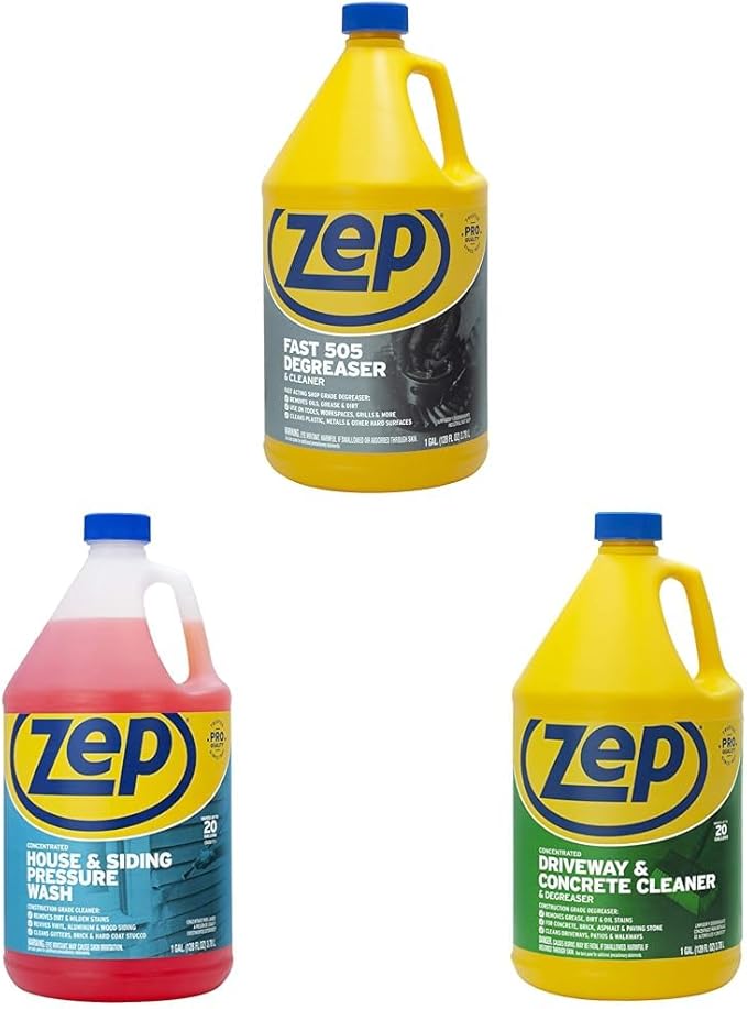 Zep 505 Cleaner and Degreaser + Pressure Wash Cleaner Concentrate + Driveway and Concrete Cleaner Concentrate - ZU505128 ZUVWS128 ZUCON128 1 Gallon (1 Unit) - The Ultimate Outdoor Cleaning Bundle