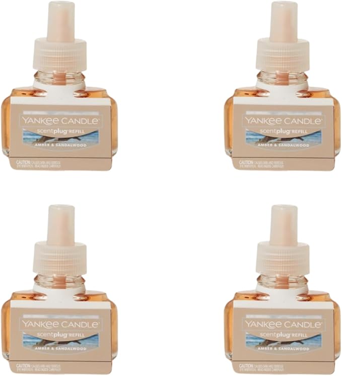 Yankee Candle ScentPlug Refill for Plug in Air Fresheners Scented Oil Refills Long Lasting Home Fragrance Amber &amp Sandalwood (Pack of 4)