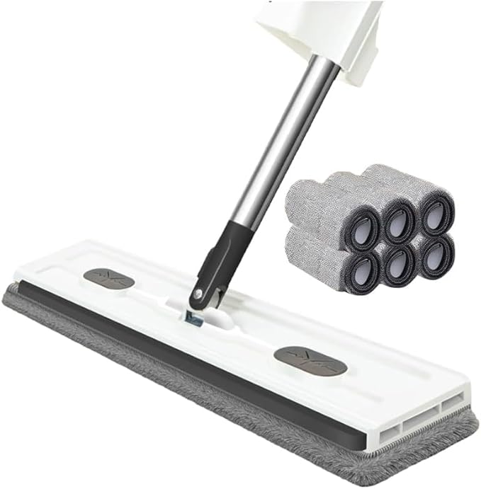 Large Flat Mop360° Rotatable Cleaning Mop50 Inch Long HandleWashable Reusable Microfiber Pads for Floor Cleaning (White with 6 pad)