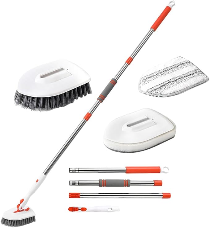Bathroom Floor Scrub Brush Set with Handle 3-Section Rod Hard Bristle and Fiber Cloth Seam Scrubber for Tile and Grout Cleaning in Shower and Bathtub