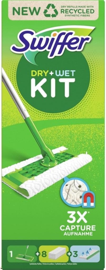 Swiffer - Starter Kit for Cleaning Floors with 1 mop 8 Refills for Dry and 3 Wet Wipes - 1 Piece