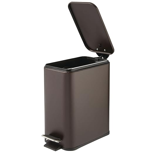 mDesign Rectangular Pedal Bin – 5 L Metal Waste Bin with Pedal Lid and Plastic Bucket Insert – Household Rubbish Bin for Bathroom Kitchen and Office – Bronze