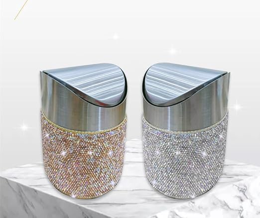 Trash Can Wastebasket – Garbage Container Bin Waste Basket Crystal Rhinestone Bedazzled Glitter Deco Vanity Home Office Desk Perfect for Vanity and Small Items -White