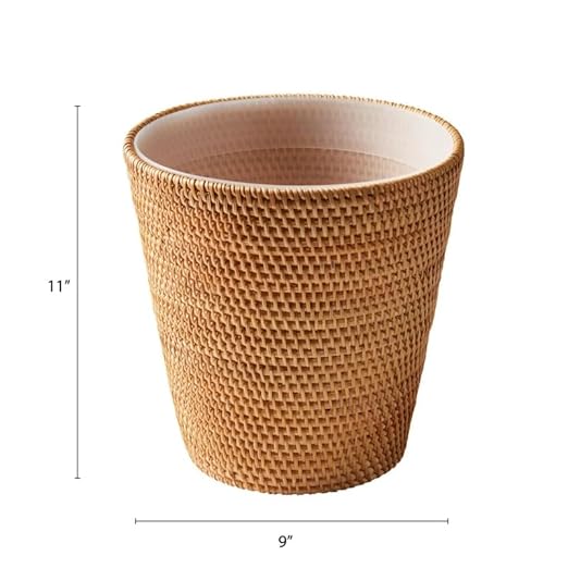 Hand-Woven Rattan Wastebasket with Removable Liner Natural Honey-Brown 11 Inch Height 2.5 Gallon Capacity Bathroom Bedroom Trash Bin