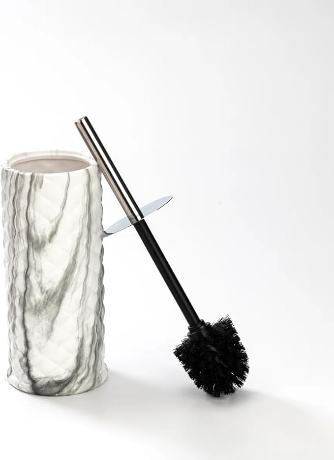 J&ampV TEXTILES Ceramic Toilet Brush Toilet Bowl Brush with Extra Long Handle Durable Bristles Toilet Scrubber and Covered Holder for Toilet Brush Set for Bathroom Cleaning (Chrome/Marble)