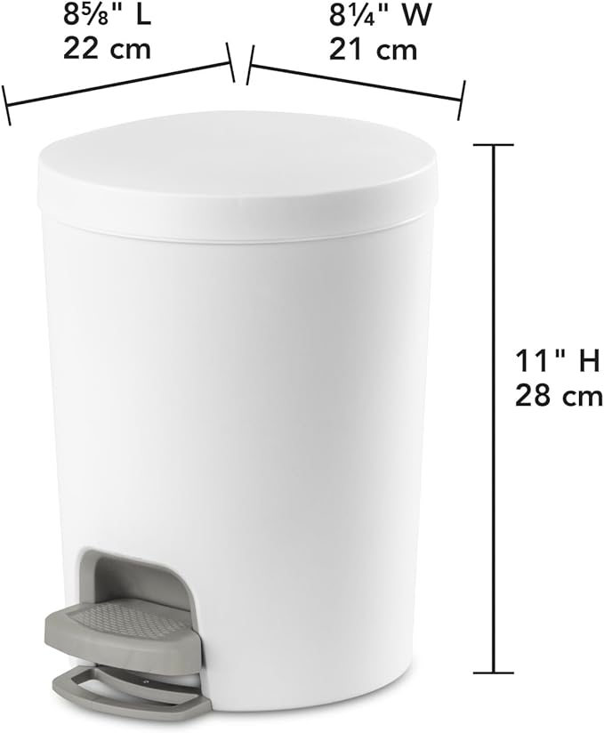 Sterilite 1.6 Gallon StepOn Wastebasket w/Lid Small Plastic Trash Can for the Bathroom Bedroom or Dorm Pedal and Liner White 2-Pack