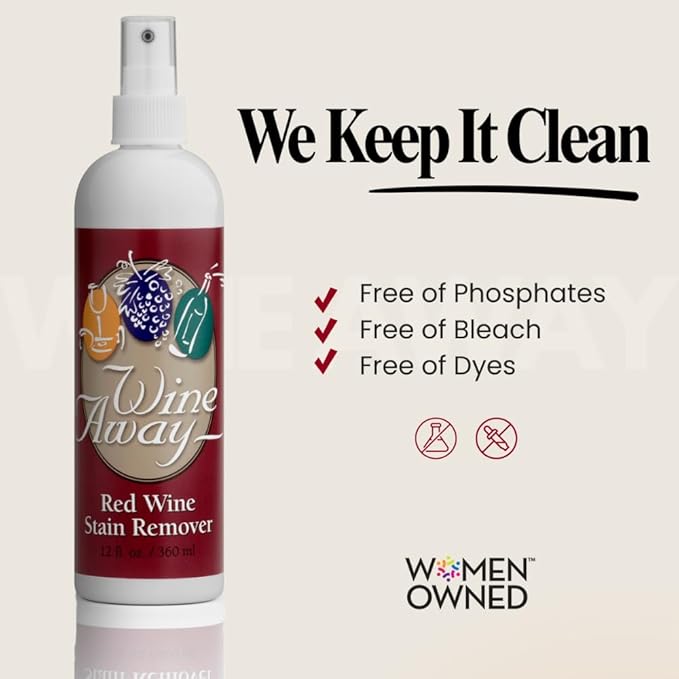 Wine Away Red Wine Stain Remover Spray - Natural Carpet and Upholstery Spot Cleaner - Effectively Removes Blood Clothes Coffee &amp Pet Stains - Best on Both Fresh &amp Dried Stains - 12 Oz - Pac