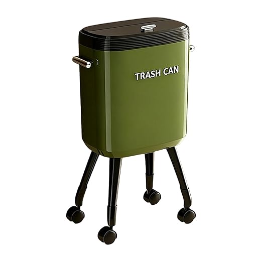 Garbage Can with Legs Dustbin High Foot 15L Large Capacity Household No Bending Wastebasket for Office Bedroom Kitchen Toilet Green with Caster