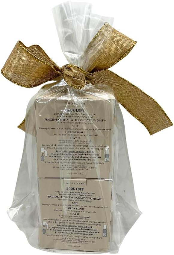 Bath &amp Body Works Book LOFT Wallflowers Refills 4-Pack – Warm &amp Woodsy Scent – Gift Set with 30-Inch Champagne Gold Linen Ribbon – 2 Bulbs per Box (0.8 fl oz Each)