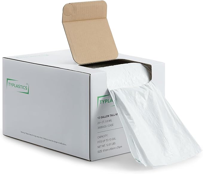 TYPLASTICS FleTex Tall Kitchen 13 Gallon Drawstring Trash Bags 300 Bags 24in x 27in Unscented White Wholesale Pack (Heavy duty 300 Count)