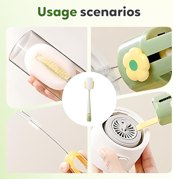 5-in-1 Bottle Cleaning Brush Set Multifunctional Household Cleaning Kit with Long Flexible Scrubberfor Narrow Mugs Stainless Steel Cups Baby Bottles and Tumbler (Green+White 2 pcs)